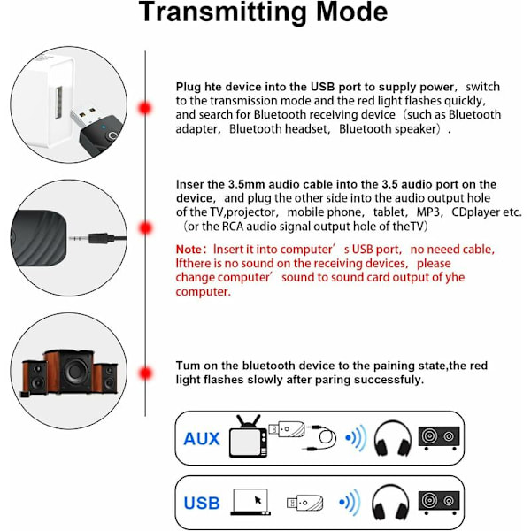 Bluetooth USB Bluetooth-adapter Bluetooth-dongel för pc Bluetooth-sändare, BT5.0 dongle Bluetooth-adapter