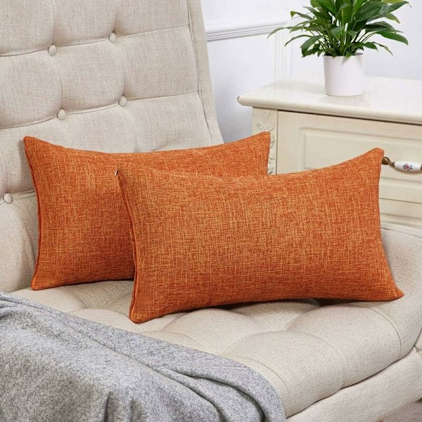 Set med 2 enfärgade ländryggskuddar i rustikt linne, dekorativa kuddfodral för soffa - 2-pack, 12 tum x 20 tum, orange