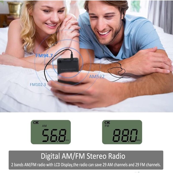 Fickradio, Bärbar Radio med Hörlurar, Mini Digital AM/FM Stereoradio med Hörlurar, Uppladdningsbart Batteri LCD-Skärm för Promenader/Löpning