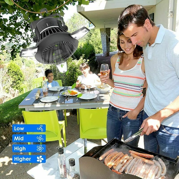 Campingfläkt med Lätt Bärbar Tältfläkt Uppladdningsbar Campingfläkt för Tält Solfläkt med Hängkrok USB-Bordsfläkt
