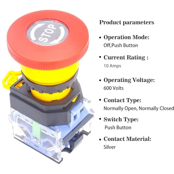 10A 22mm Nödknapp, Svampformad Låsande Nödknapp, Vattentät IP65, Självlåsande Nödknapp, 1 NO 1 NC