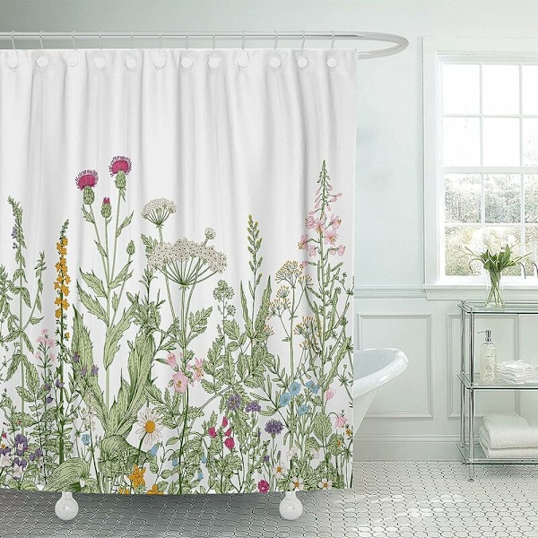 Duschdraperi Vintage Blommig Kant Örter och Vilda Blommor Botanisk Gravyr Stil Färgglad Fält Vegetation Vattentät Polyestertyg 72 x 72 tum