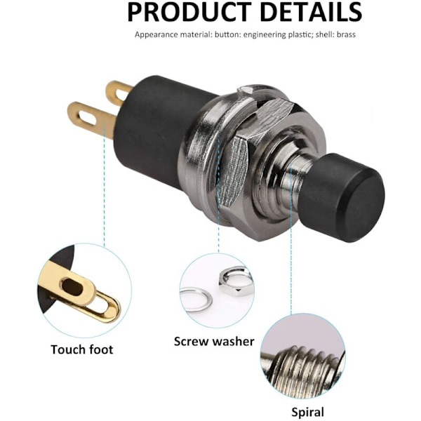 5 st SPST Självspärrande PÅ/AV Instrumentbräda Tryckknappsbrytare, AC 250V/3A, Svart