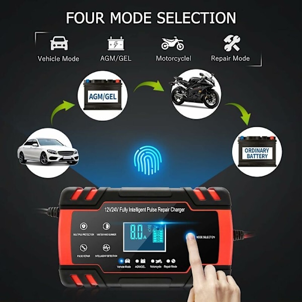 Bilbatteriladdare, startkablar och jumpstartare, 8 A bilbatteriladdare, 24 V och 12 V bilbatteriladdare, underhåll av bilbatteri