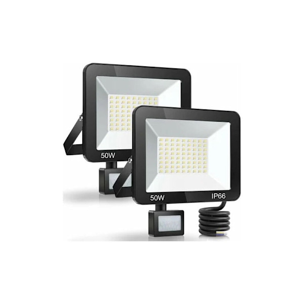 Rea 50W LED-belysning för utomhus med rörelsesensor, 2-pack, IP66 Vattentät LED-spotlight med sensor, 5000LM 7000K Kallt vitt utomhusbelysning