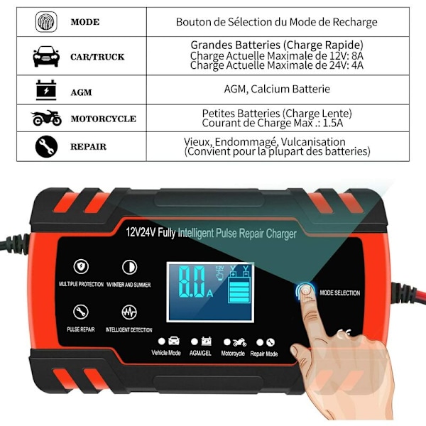 8A 12V/24V Intelligent Bil- och Motorcykelbatteriladdare, Batteriladdare för Bil, 3-stegs Batteriladdare och Automatisk Reparationsfunktion för Lastbil, AG