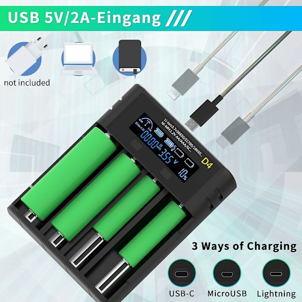 Universal laddare för uppladdningsbara batterier med LCD-display, 3,6V/3,7V Li-ion batterif snabbladdare med 4 fack automatisk för 18650 batteri