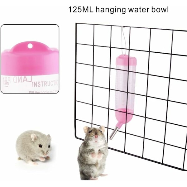 Vattendispenser för små djur 125 ml, rosa, hamster, marsvin, kanin, råtta, iller, gerbil, chinchilla