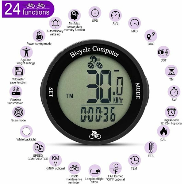 Vattentät Trådlös Cykelcomputer Hastighetsmätare Odometer med LCD-Bakgrundsbelysning, Multifunktionell Cykelodometer