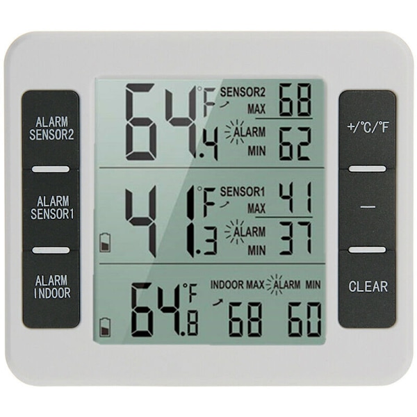 Inomhus- och utomhus-termometer med trådlös sensor, Max & Min-registrering, stor LCD-display för hem, sovrum, kontor (vit med 2 sensorer)