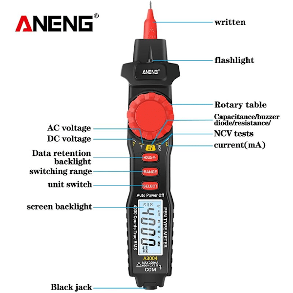 A3004 Multimeter Penna-typ Mätare 4000 Räkningar Beröringsfri AC/DC Spänning Motstånd Kapacitans Dioden Kontinuitets Testare Verktyg