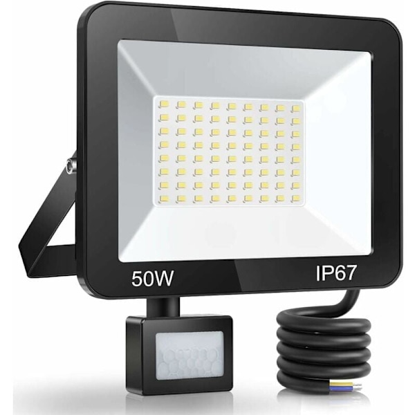 50W LED-Utomhusbelysning med Rörelsesensor, IP66 Vattentät LED-Spotlight med Detektor, 5000LM 7000K Kallt Vit Utomhusbelysning