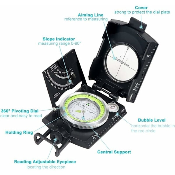 Professionell Multifunktionell Kompass, Helmetall Vattentät Högprecisionskompass med Inklinometer och Vattenpass