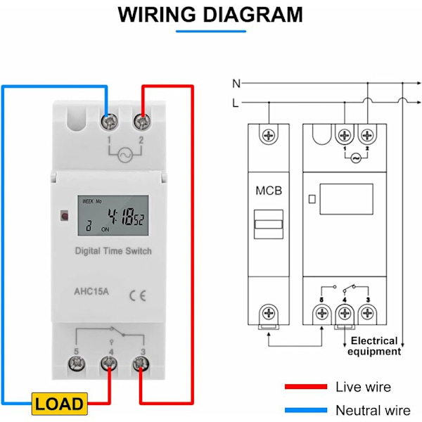 240V 16A Tidrelägesswitch 3650W, 35mm DIN-skena Montering i Fördelningsbrädor, 2 Ingångsterminaler, 3 Utgångsterminaler, 28 Program, 168 Timmar