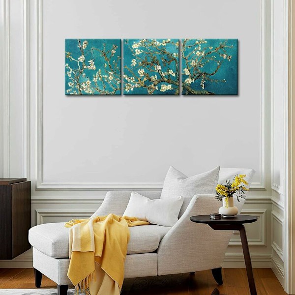 Målning på canvas Triptykformat Reproduktion av målningen \"Mandelblomma\" målad 1890 av Van Gogh Perfekt för att dekorera ditt vardagsrum