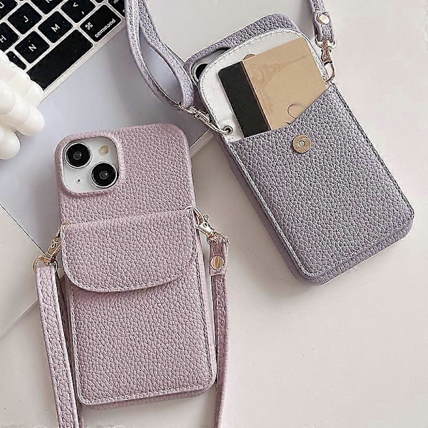 Crossbody Mobilskal för iPhone 15, Kortfodral PU Läderbelagd PC-skal med Axelrem
