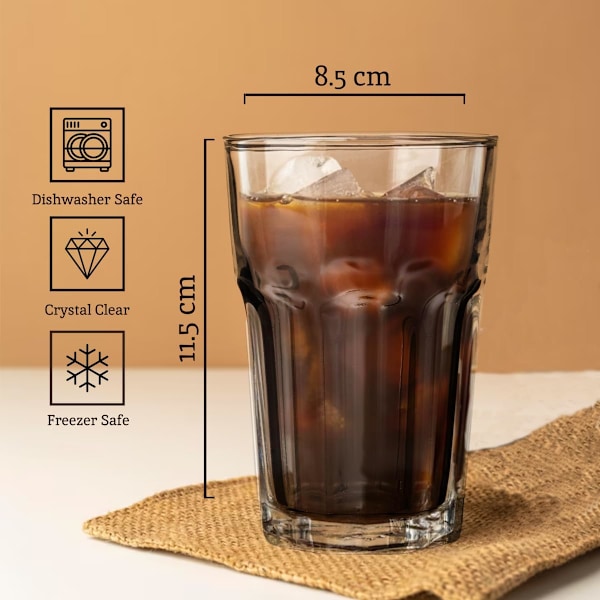 360 ml juomalasisetti, 4 kpl | Kirkkaat juomalasit jokapäiväiseen käyttöön | Tukevat korkeat lasit highball-juomille | Mehulle, cocktailille