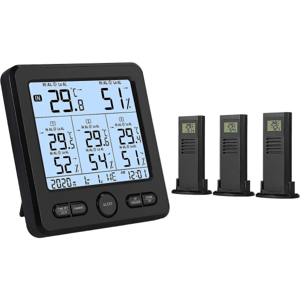 Trådløs vejrstation med 3 udendørs sensorer Digitalt indendørs/udendørs termometer Hygrometer med temperatur/fugtighed Kalibrering Hørbar