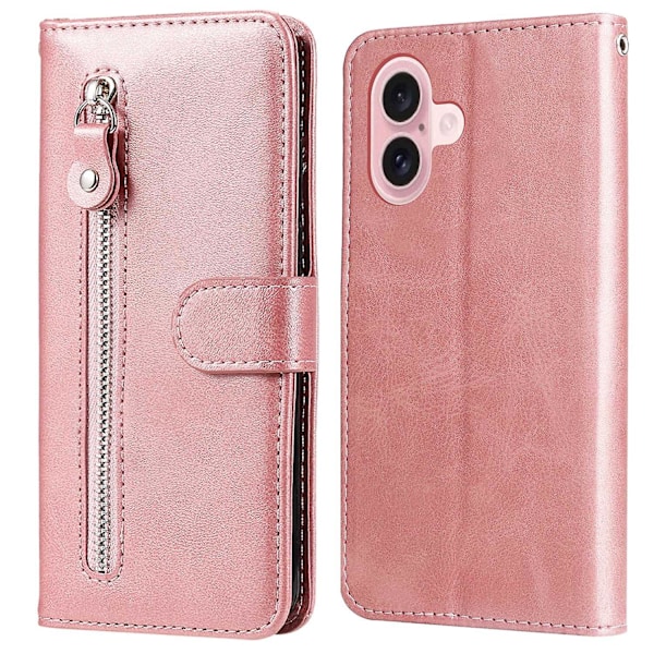 Til iPhone 16 Etui Lynlås Lommepung Stødsikkert PU Læder Telefon Cover - Pink