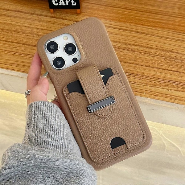 Etui til iPhone 15 Pro med kortlommer, litchi-tekstur læder + PET telefoncover
