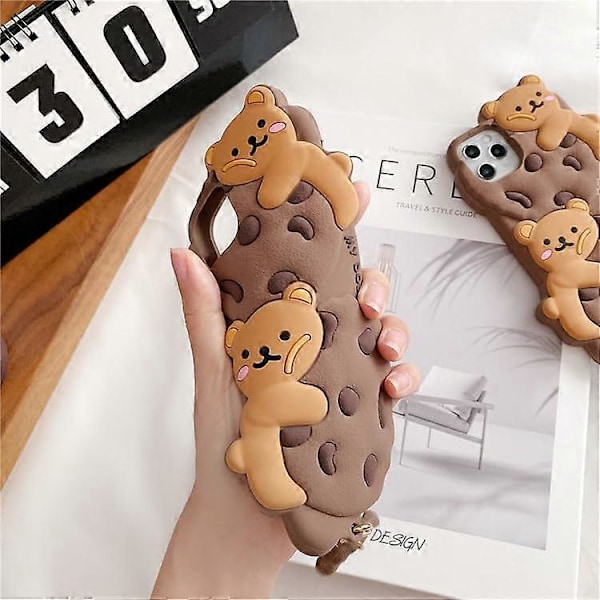 iPhone 15 Pro Max -kotelo - Söpö kotelo Kawaii-kaulanauhalla ja avaimenperällä - 3D pehmeä silikoninen iskunkestävä puhelinkotelo naisille ja tytöille - Khaki