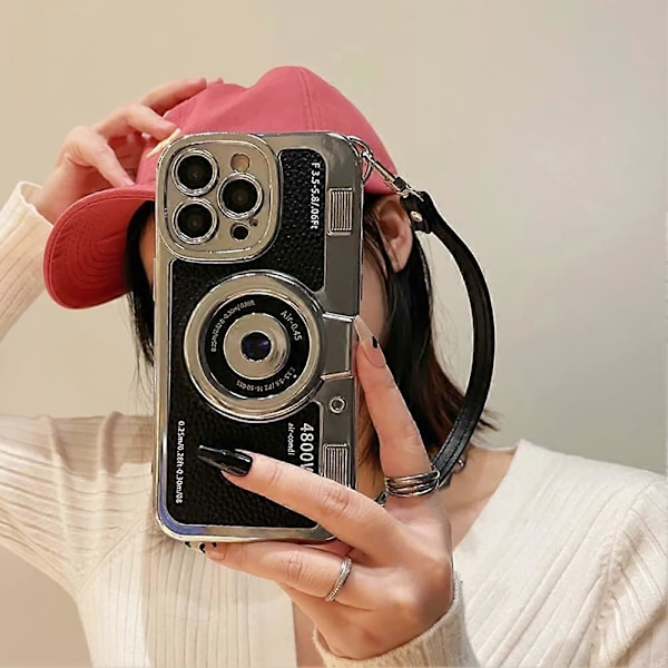 Skal Kompatibelt med iPhone 14 Pro Max, Sött 3D Vintage Kamera Mobilskal med Handrem Unikt Coolt Silikon