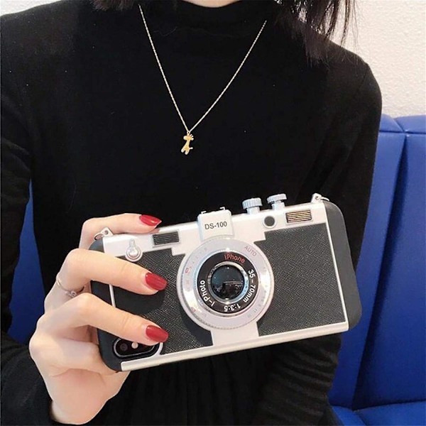 3D Retro Kamera Etui, Stødsikkert Etui til iPhone 12Pro XS Xr Max 7 8 Plus, Aftagelig Lanyard