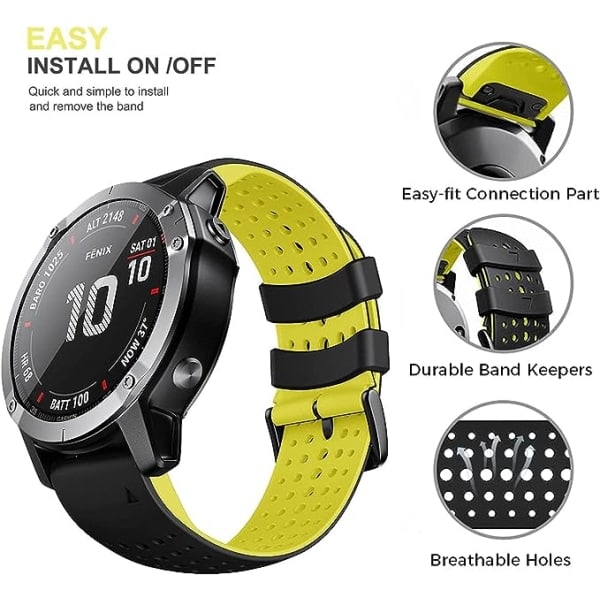 Quickfit 26mm Silikone Blød Sports Vandtæt Åndbar Armbånd til Garmin Fenix 5X Plus, Fenix 6X Pro/Sapphire, Enduro, Tactix Bravo Sort Gul Svartgul