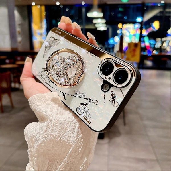 iPhone 16 -kotelo strassikoristeilla, jalustalla, TPU+PC perhoskuvioinen kukka-puhelinkuori