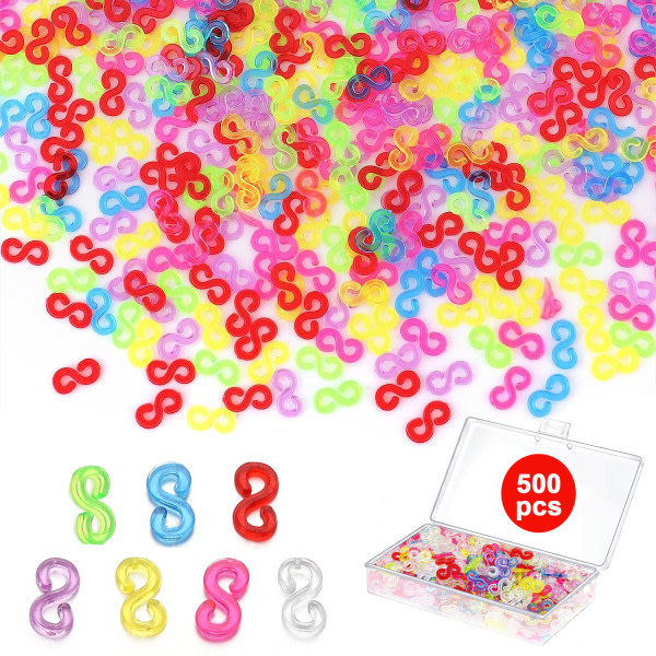 500 Loom Bands S-Klämmor, Färgglada S-Klämmor Gummiband, Plastlänkklämma, Påfyllningskit Loom Band Krokar, För Att Göra DIY Armbandslänk