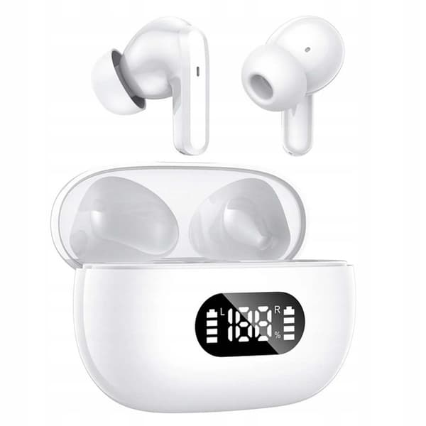 Trådlösa Bluetooth In-Ear-hörlurar med LED-laddningsfodral och mikrofon vit