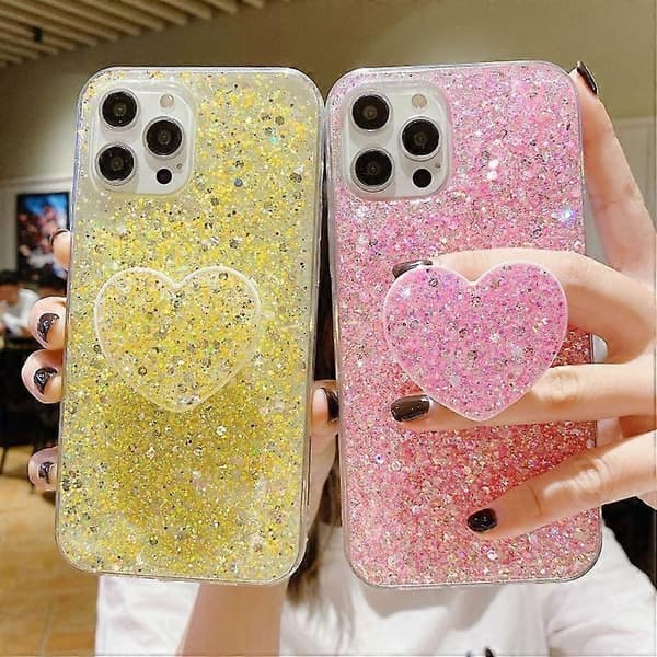 Stjernedryss Paljett Hjerte Stativ Epoxy TPU Mobiltelefon Deksel for iPhone 15