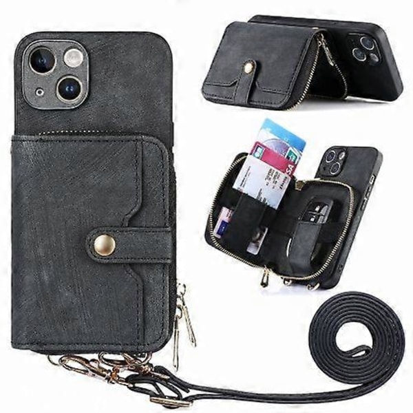 Crossbody Multifunktionell Plånboksfodral med Dragkedja för iPhone 15