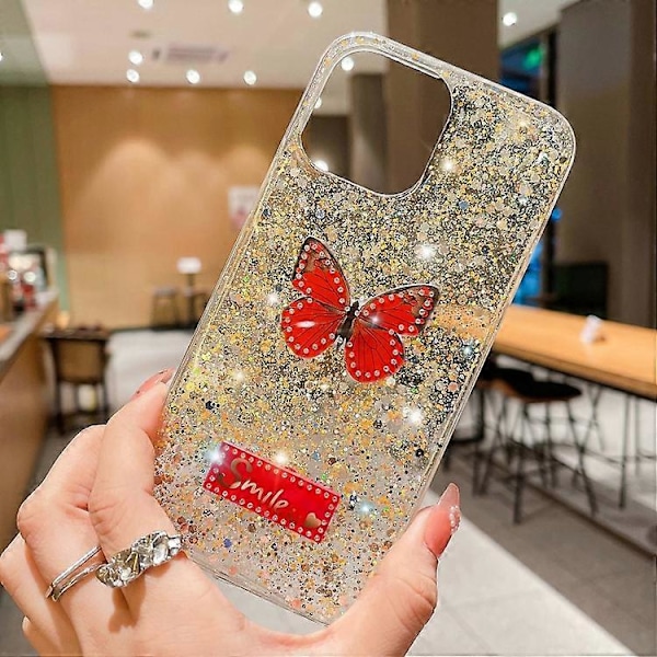 Stjerneglimmer Paillet Rhinestones Sommerfugl Epoxy TPU Telefoncover til iPhone 15