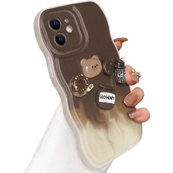 Kompatibel med iPhone 11 6.1-tommer etui, 3D Kaffe Bjørn Krøllet Bølge Ramme Telefon Etui til Kvinder Piger Slankt Blødt TPU Fuld Kamera Linse Beskyttelsescoverip-