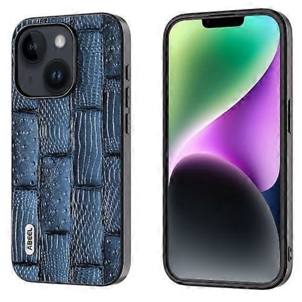 Til iPhone 15 ABEEL Ægte Læder Mahjong Mønster Sort Kant Telefon Cover