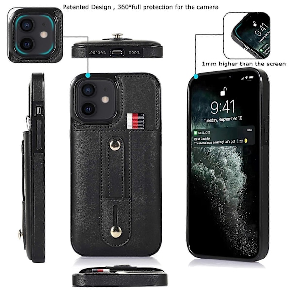 iPhone 12 mini -puhelimen ranneke, jalusta ja lompakko, nahkainen puhelinkotelo