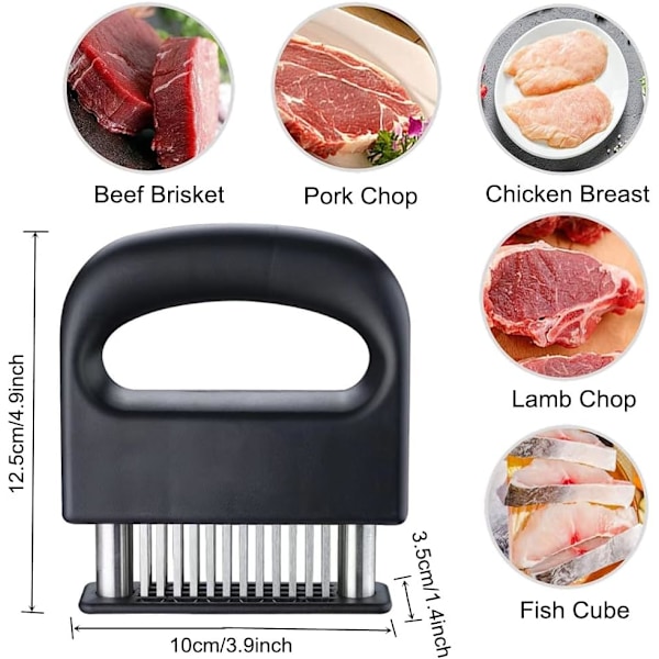 48-pins Steaksmørner i rustfrit stål, mørbradsmørner, nål til mørning af bøffer, løsningsnål til kød, kødmørnerhammer til oksekød
