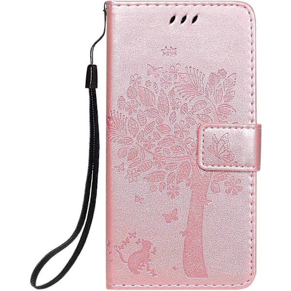 iPhone 12 Pro (6,1 tommer) Etui, PU Læder Wallet Etui, Stødsikkert Flip Etui Cover Retro Præget Kat og Træ Serie til iPhone 12 Pro (6,1 tommer) - Rose