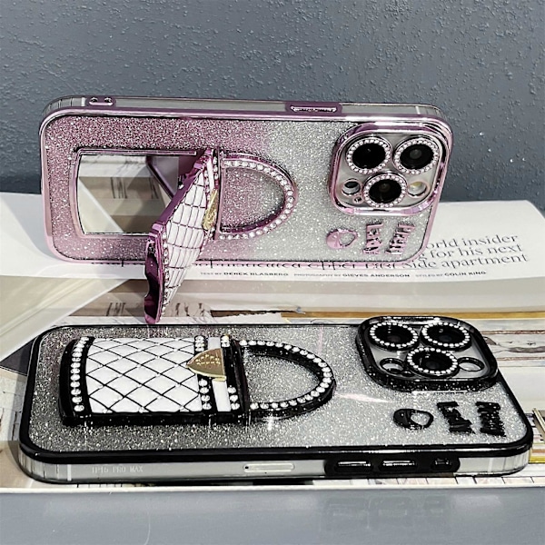 Til iPhone 15 Pro Etui Spejl Støtteben TPU+PC Gradient Glitter Telefon Cover