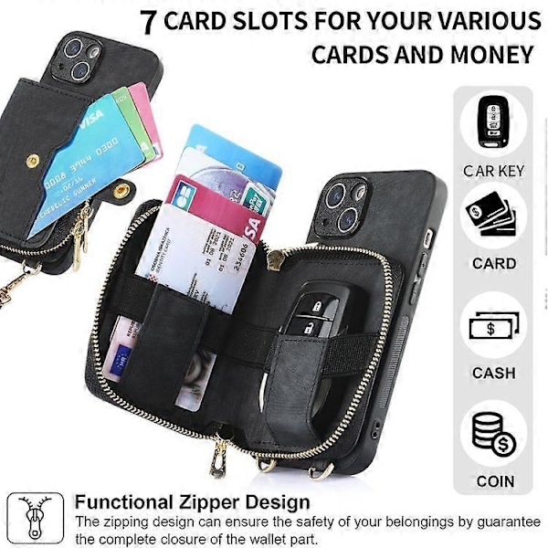 Crossbody Multifunktionell Plånboksfodral med Dragkedja för iPhone 15