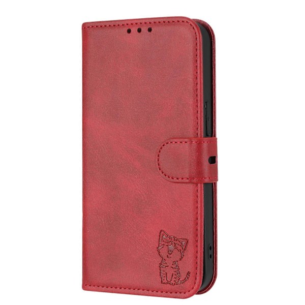 Præget Flip Læder Telefon Cover med Glad Kat Motiv til iPhone 14 Plus