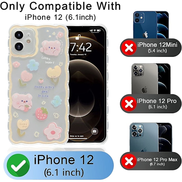 Yhteensopiva iPhone 12 -kotelon kanssa Keltainen aalto Esteettinen Söpö Piirustus Kukka- ja karhukuvio Söpö Kirkas Naiset Tytöt Kawaii Ohut Pehmeä TPU Läpinäkyvä Puhelin