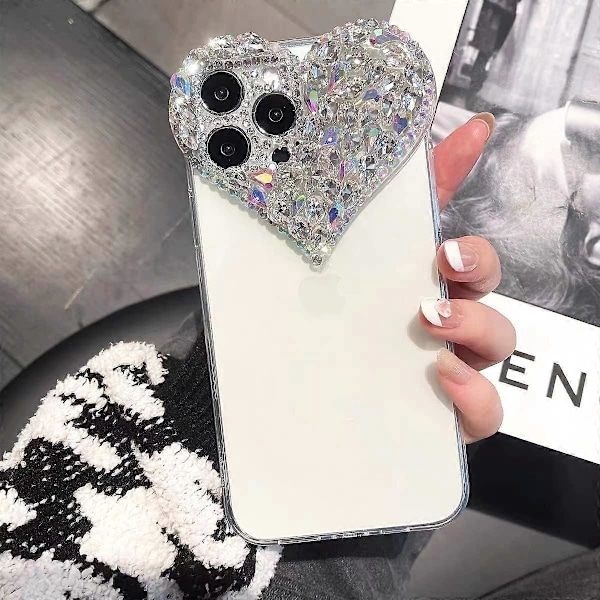 Kompatibelt med iPhone 15 Pro Max skal för Kvinnor Flickor Lyx Bling Strass 3D Diamant Kärlek Skal Sött Rosa Glitter Glittrigt Skyddande Skal
