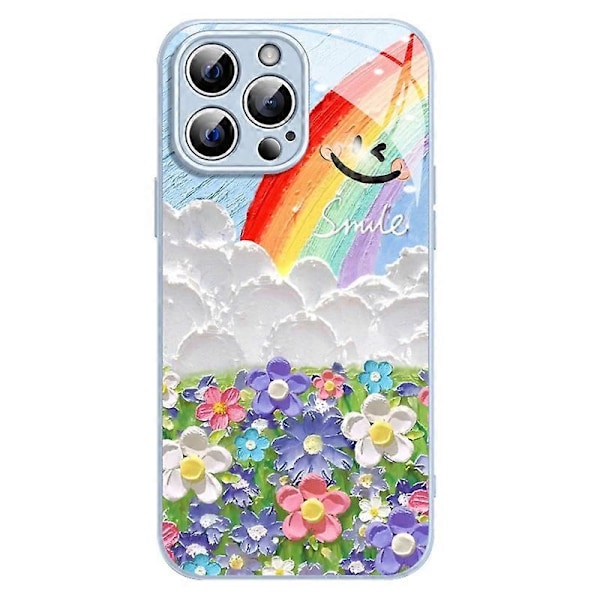 Til iPhone 14 Pro Max Cover Smil Regnbue Mønster TPU+Hærdet Glas Blomster Telefon Cover
