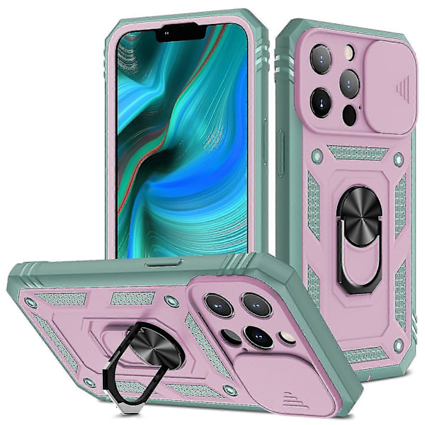 För iPhone 13 Pro Max Militärt Skjutbart Fönster Skyddsfodral Rosa/Grå Grön