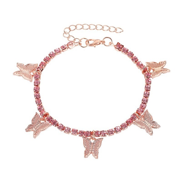 Nilkkakoru perhosella naisille ja teinitytöille, strassikoristeltu ketju rose gold