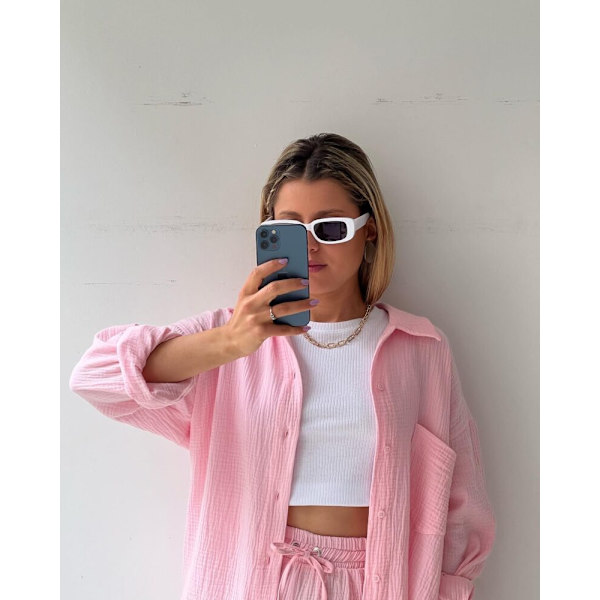 Dam Crinkle Krage Långärmad Skjorta Hög Midja Dragsko Shorts Mode Avslappnad Tvådelad Set Rosa L