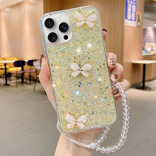 iPhone 12 Pro Max -puhelimen tähtikuvioinen paljettikuvioitu Jade Butterfly -epoksihartsi TPU -puhelinkotelo hihnalla