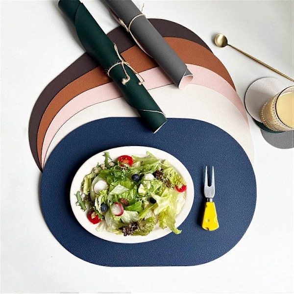 Sæt med 4 ovale dækkeservietter - Syntetisk læder - Skridsikker og vandtæt - Med coasters - Til hjemmet, køkkenet, restauranten - Grøn/beige